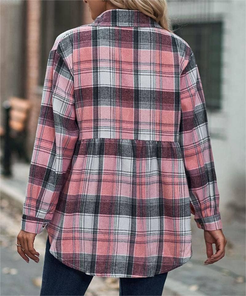 Rosa Clothing - Wholesale Button Down Shirt - Women's - Pocket long-sleeve plaid shirt jacket11