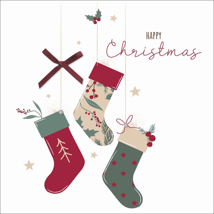 Tarjeta de Navidad hecha a mano - Ilustración de calcetines navideños para venta al por mayor de The Handcrafted Card Company