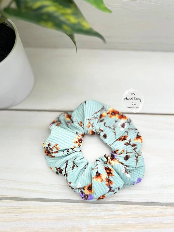 Ribbed Mint Antique Botanical Scrunchie for wholesale by The Hazel Daisy Co