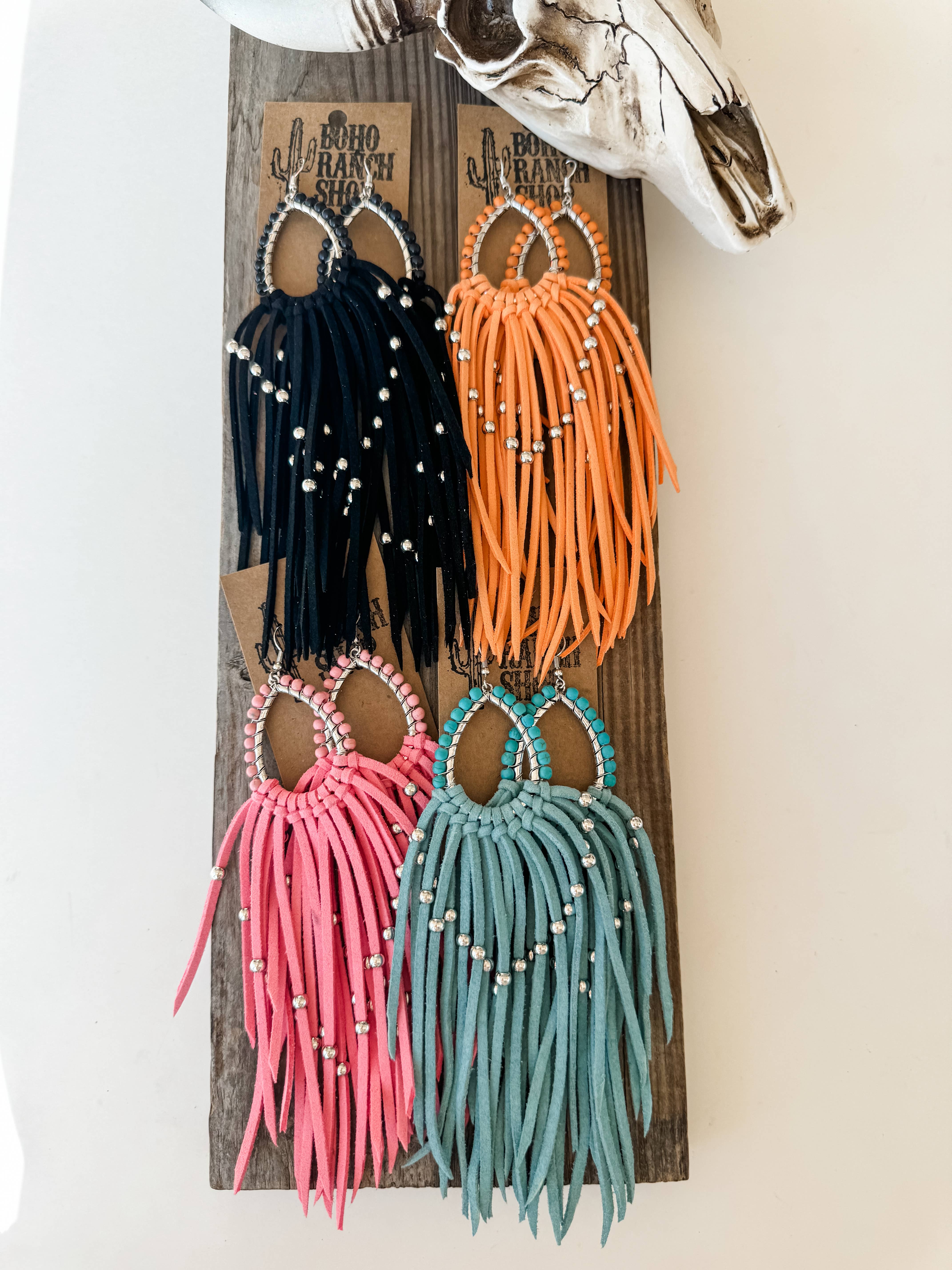Boho Ranch Shop - Wholesale Tassel Earrings - Western Suede Long Tassel Teardrop Dangle Earrings2