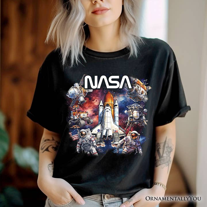 Black Artistic NASA Handcrafted Christmas T-Shirt, Astronaut for wholesale on Faire4