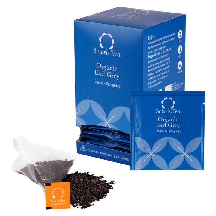 Biologische Earl Grey pyramide-theezakjes met omverpakking, 25 x 2 g voor wholesale door Solaris Tea / Good Earth Goods e.K.