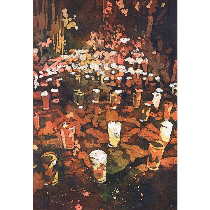 Peinture à l'aquarelle du Jour des Morts à Patzcuaro, au Mexique. Peinture batik à l'aquarelle représentant des bougies dans le cimetière de Patzcuaro, Jour des morts (impression) pour la vente par Ryan Fox Fine Art