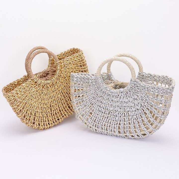 Metallic Faux Straw Tote Bag w/ Pouch for wholesale by 3AM BY H&D ACCESSORIES