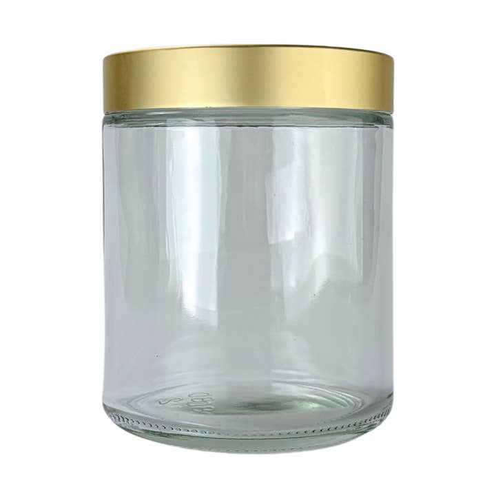 Bocal à parois droites en verre transparent de 8 oz avec couvercle en or brossé pour la vente par The Bottle Shoppe