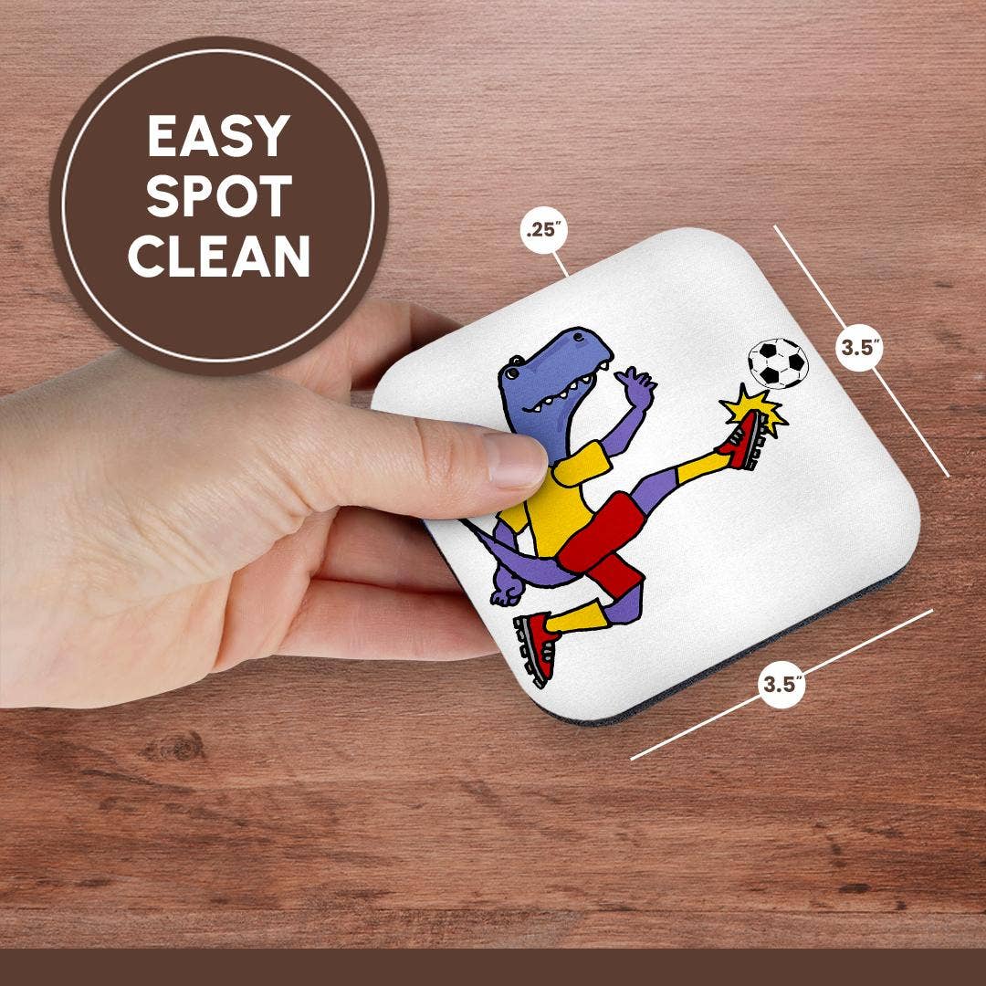 3dRose - Wholesale Coasters - 3dRose, Cute funny T-rex Dinosaur Playing Soccer Kicking Ball Cartoon Sports, Coaster13