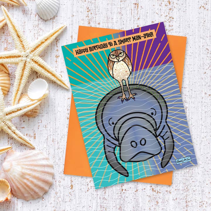 The Art of Pamela Joy Trow - Wholesale Birthday Card - Happy Birthday Card for Men with Owl on a Manatee