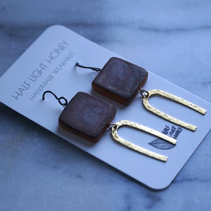 Rust Square & Arc - Mixed Media Stoneware & Brass Earrings for wholesale by Half Light Honey