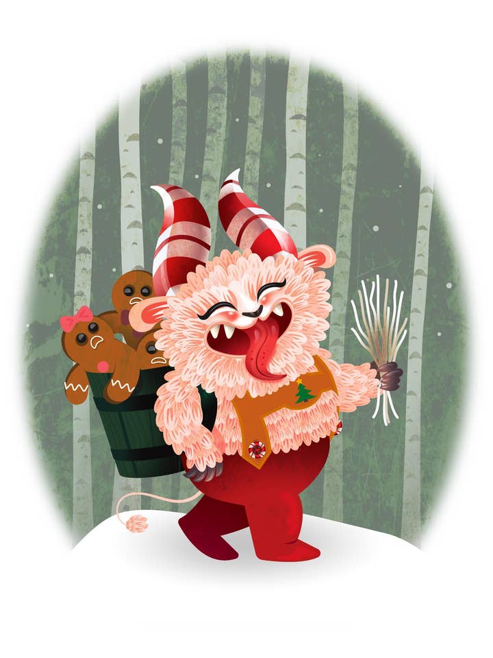 Illustrazione Originale 5x7 Arte Stravagante della Cucina Festiva di Krampus per la vendita all'ingrosso da parte di Kitschy Delish