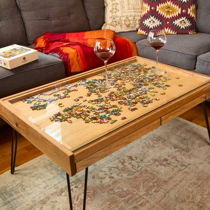 Charles River Woodworks - Wholesale Coffee Table - Rustic Puzzle Coffee Table with removable glass top - includes 2 hidden drawers - 24x36"3