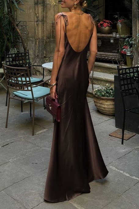 Brown open back sexy slip maxi dress with bow tie straps for wholesale on Faire14