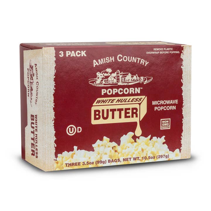 3pk Microwave Buttery White Hulless Popcorn for wholesale by Amish Country Popcorn