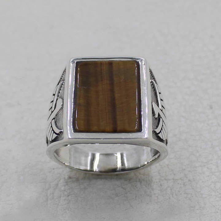 Tiger’s Eye Signet Ring for Men – Tribal Eagle Side Design for wholesale by Silvex Jewelry
