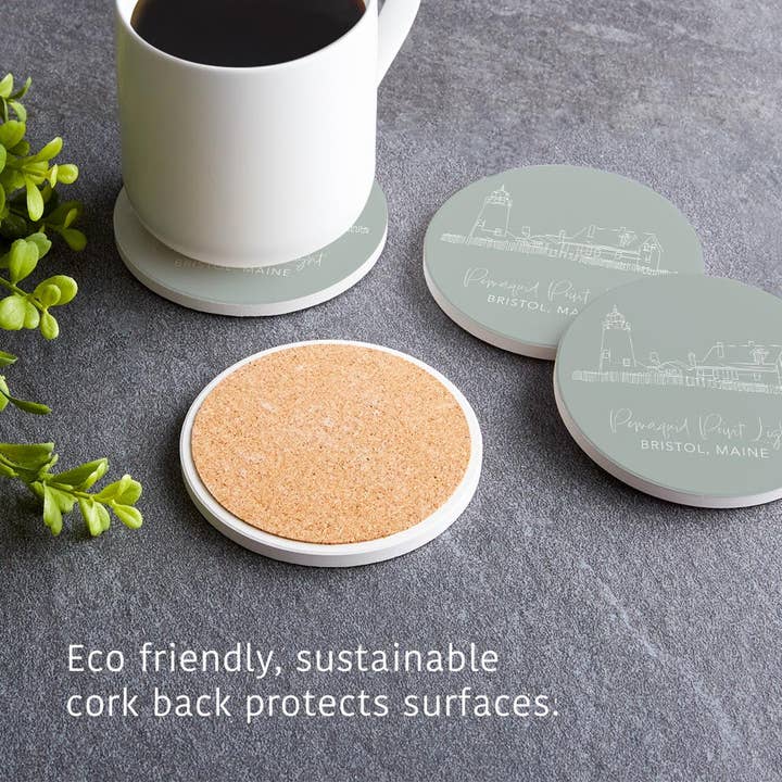 Love Local - Wholesale Coasters - Pemaquid Point Light Muted Coastal | Absorbent Coasters | Set of 4 | Min 24