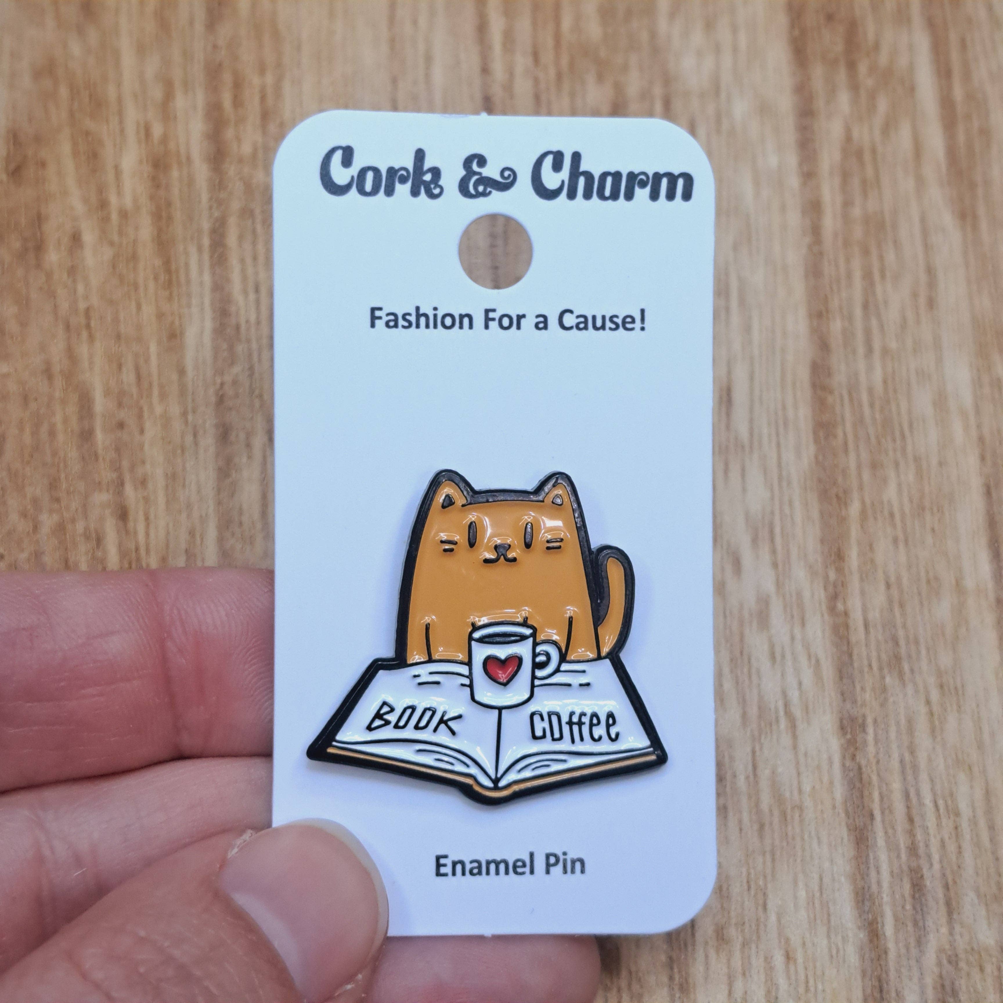 Cork and Charm - Wholesale Lapel Pin/Button - Cat Coffee Book Enamel Pin1