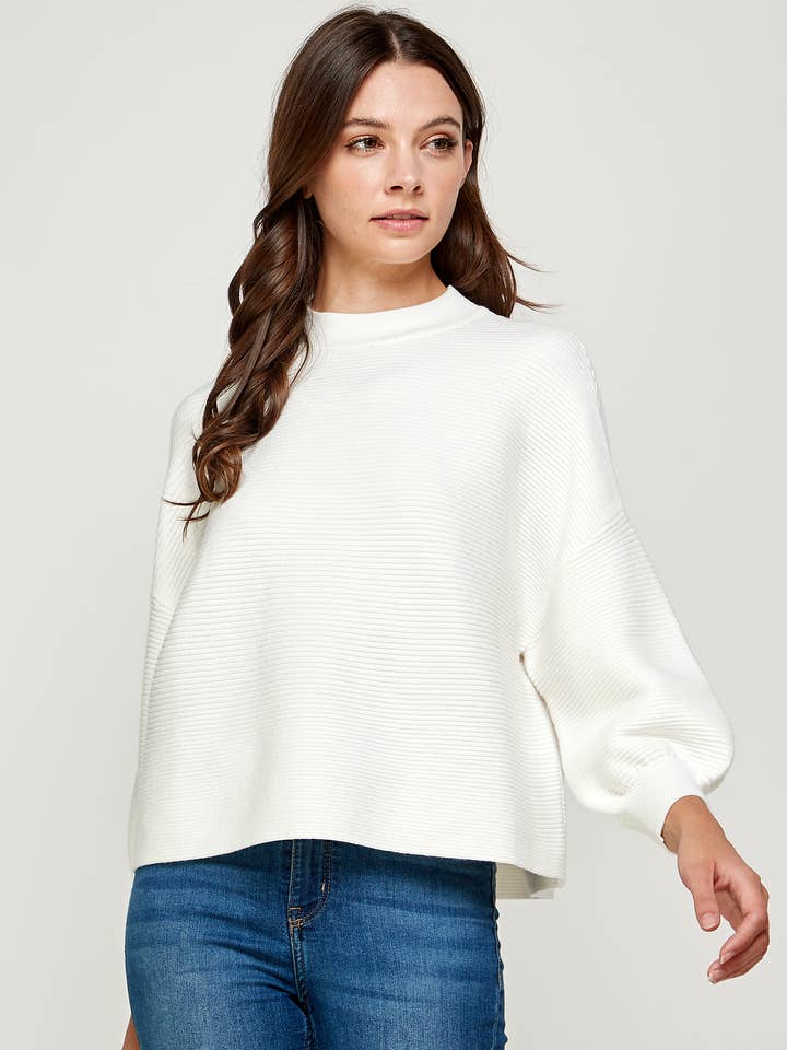 RT-3201-6 BALLOON SLV MOCK NECK SWEATER IVORY for wholesale by Ellison