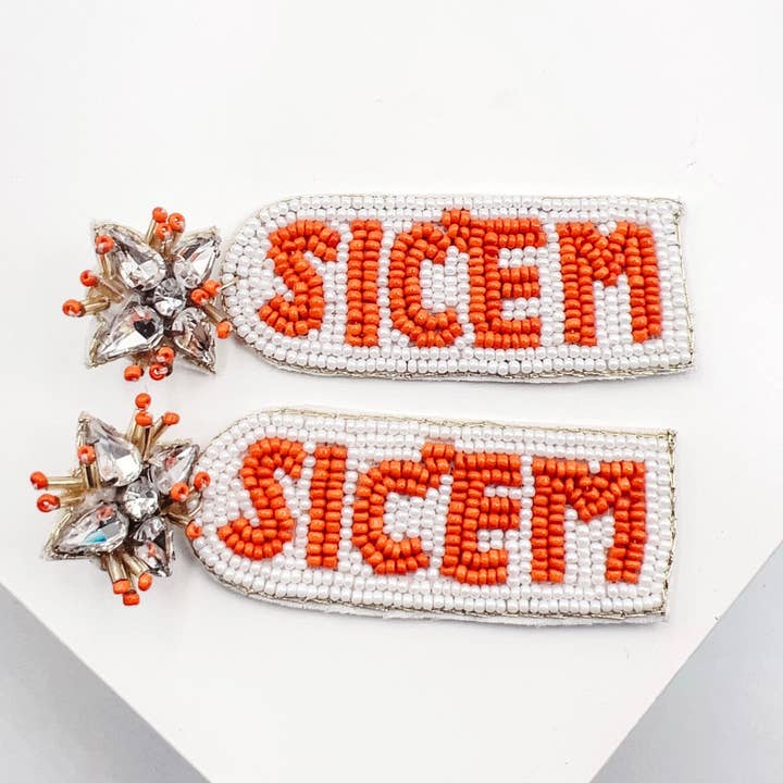 Sic Em’ Orange/White Beaded Earrings for wholesale by Treasure Jewels Inc.