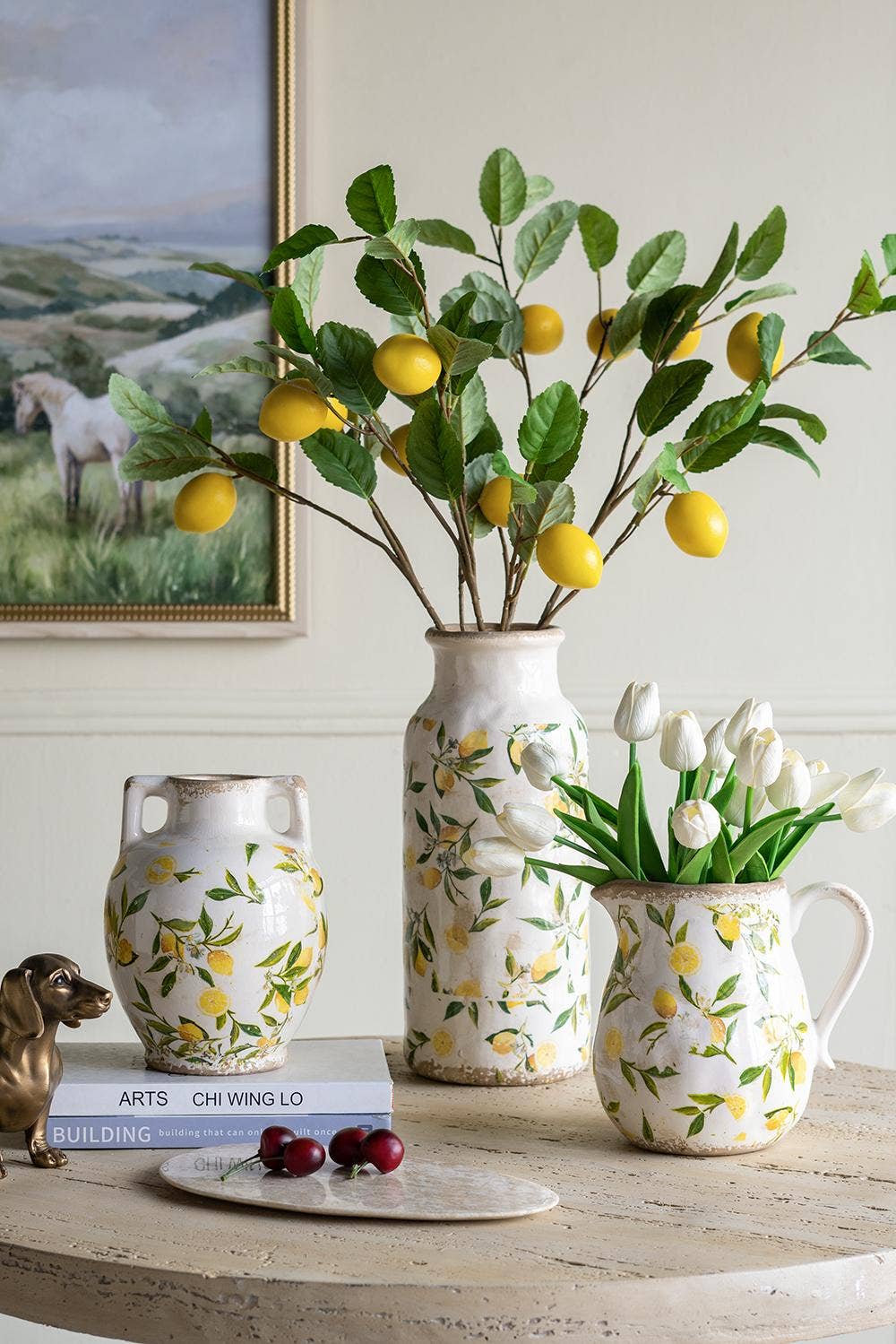 A&B Home Group Inc. - Wholesale Vase - 6.7x6.7x8.7" White Ceramic Vase w/ Lemon Motif Small Handles4