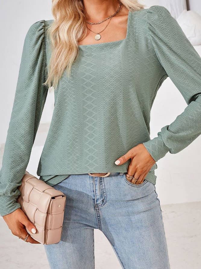 Comely Fashion - Wholesale Blouse - Women's - CF-HLL106 Square Neck Solid Jacquard Tshirt Long Sleeves Top21