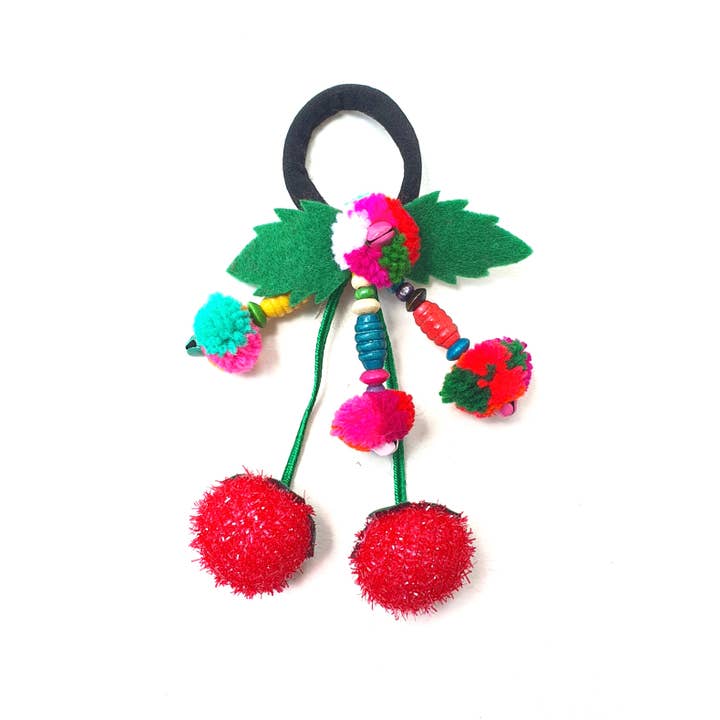 Beige & Co Thai Crafts - Vente Élastique à cheveux - Chouchou Cerise Pompon Style Bohème1