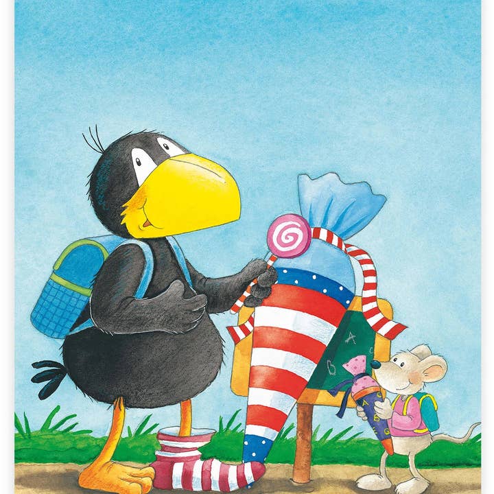 Le petit corbeau Chaussette avec le cornet d'école pour la vente par BUCHPOSTER