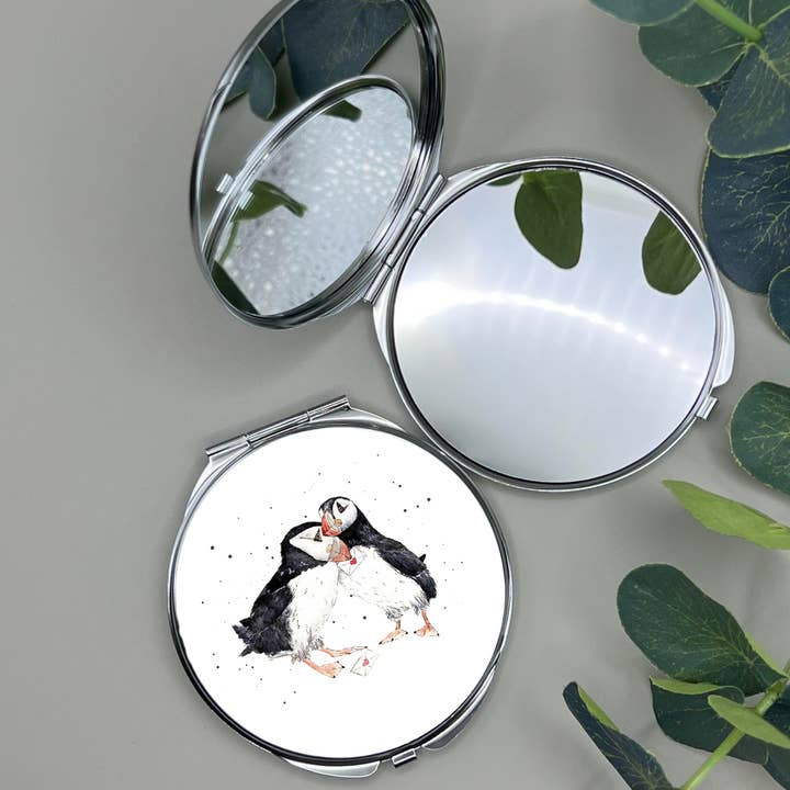 Watercolour Puffins Love Letters Compact Mirror for wholesale by Dots Allowed