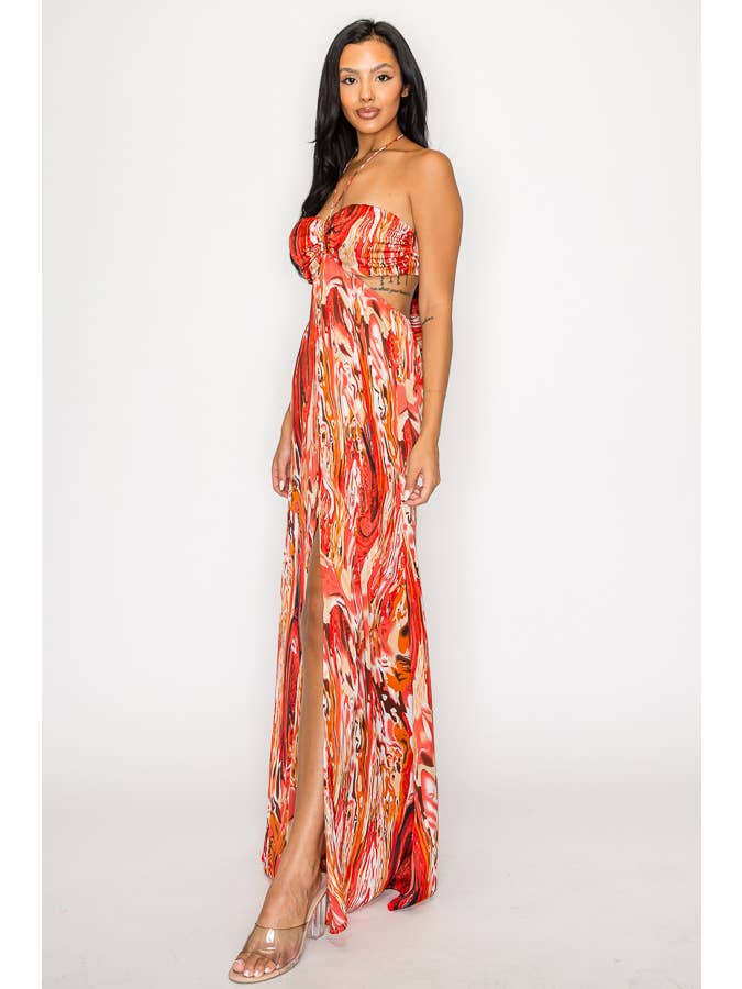 ARRUGGINIRE MAXI ABITO IN RASO STAMPATO CON SPACCO SUL PETTO DM2720 in vendita all'ingrosso su Faire3