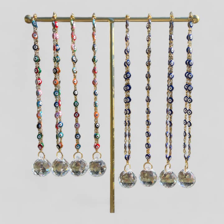 Evil Eye Nazar Boncuk Chain Rearview Mirror Hanging Rainbow Suncatcher Car Charm Mal de Ojo Gift Box -- Gold or Silver Chain for wholesale by Guzel Handcrafts