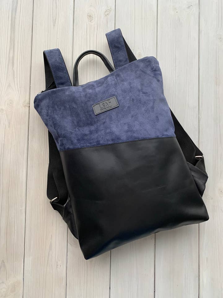 Minimalist Upcycled Black Leather Backpack for wholesale by LeaF