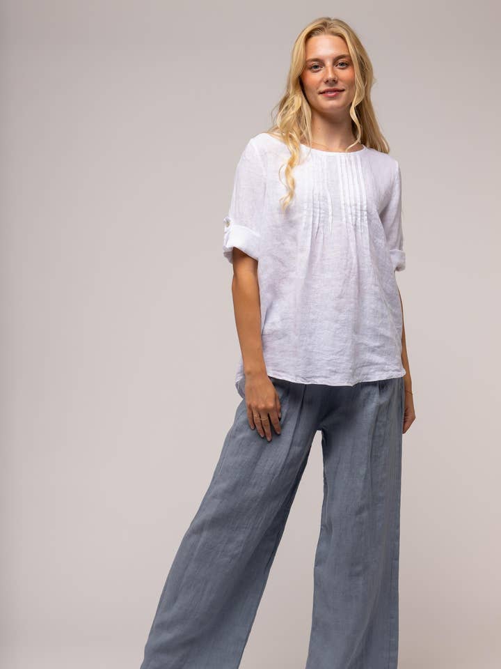 Blusa de lino plisada de confección europea Top de lino francés con pliegues para venta al por mayor de LINEN LUV