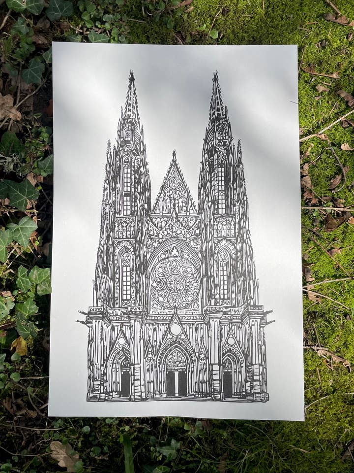 Gravure sur linoléum de cathédrale gothique pour la vente par Augury Press