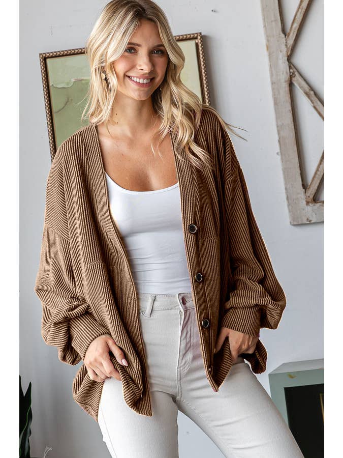 7th Ray – Engroshandel Cardigan - Dame – Enfarvet ribstrikket cardigan med knapper, ballonærmer og drop-shoulder design16