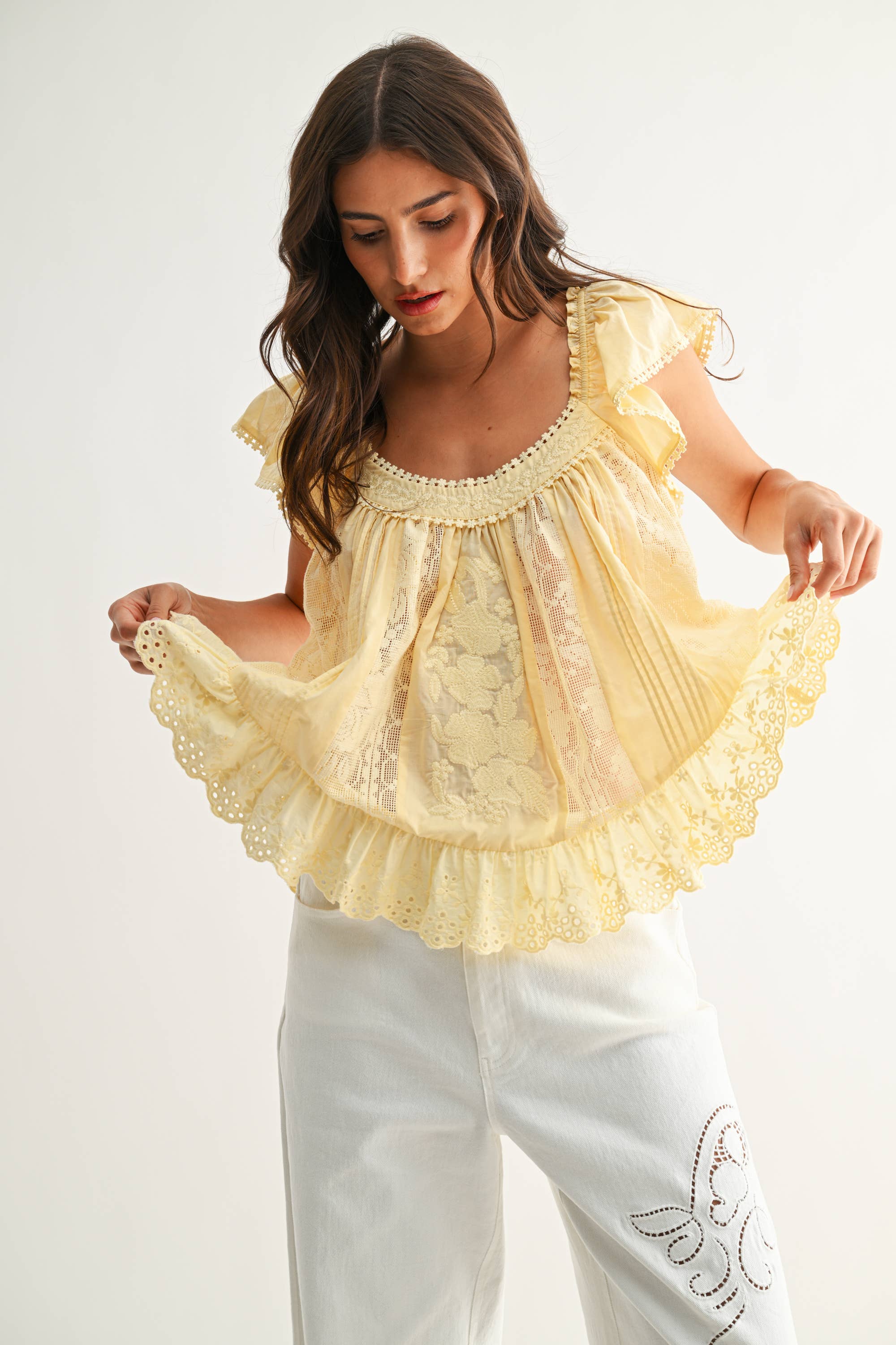 LT YELLOW CET26937 Sleeveless Lace Blouse with Embroidered for wholesale on Faire6