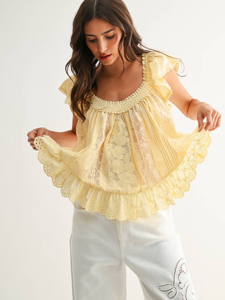 LT YELLOW CET26937 Sleeveless Lace Blouse with Embroidered for wholesale on Faire6