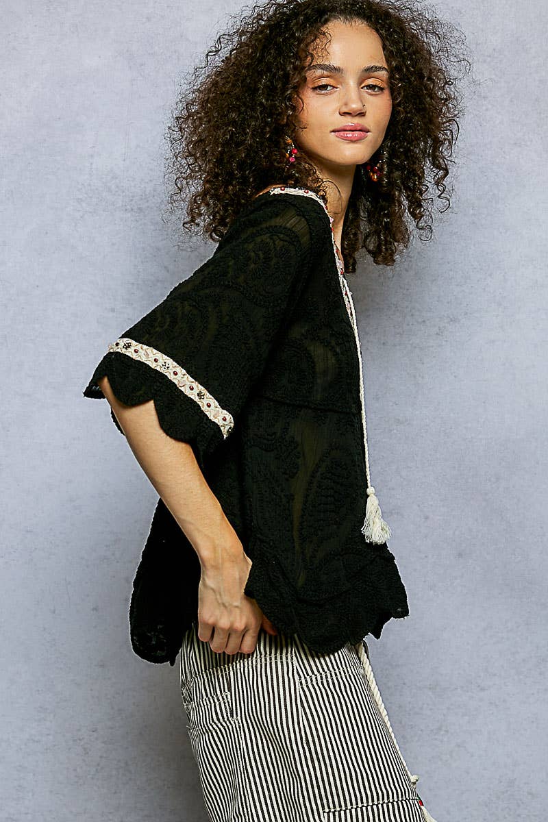 Pol Clothing - Wholesale Blouse - Women's - Short Sleeve Adjustable Drawstring Crochet V Neck Top2