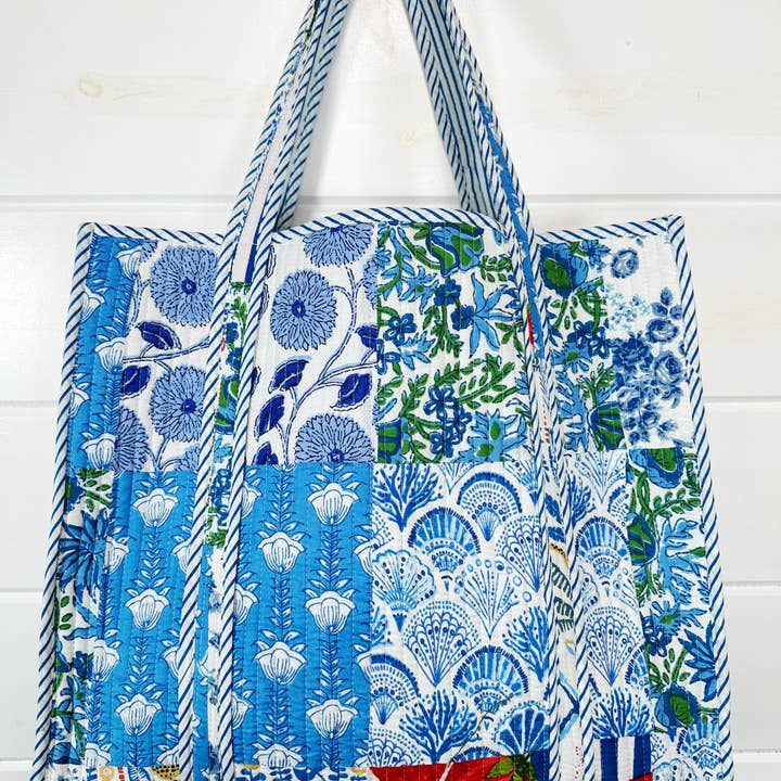 Folklore Couture - Wholesale Tote Bag - Women's - Large Quilted Tote - Handmade, Reversible - Blue Patchwork2