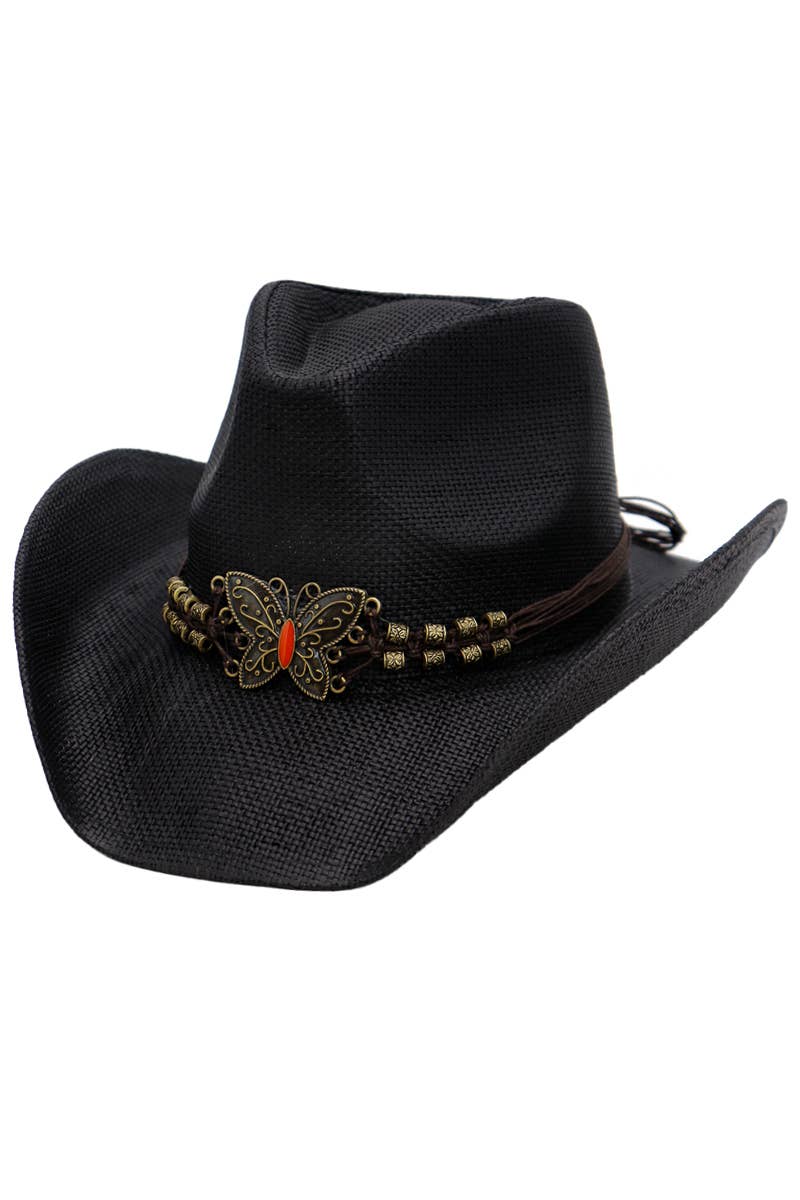 Cap Zone - Wholesale Cowboy Hat - Women's - Butterfly Emblem Waxed String Straw Cowboy Hat0