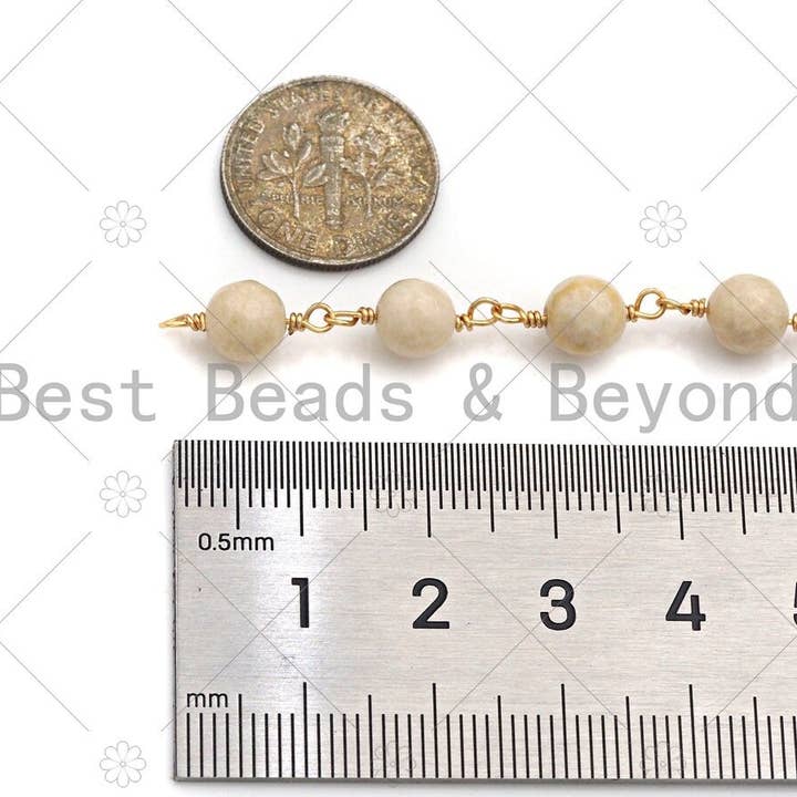 BestBeads&Beyond – Großhandel Perlenkette – Natürliche Korallen-Rosenkranzkette, 6mm weiße Koralle Perlenkette, Draht umwickelte Goldkette, Halskette Armband Bauch Gläser Drahtglieder Kette, Sku #V73