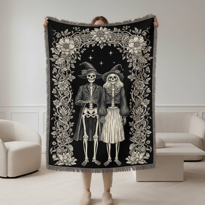 Halloween Vævet Heks Par Skelet Tæppe Gotisk Blomstret for engroshandel hos ZICWA