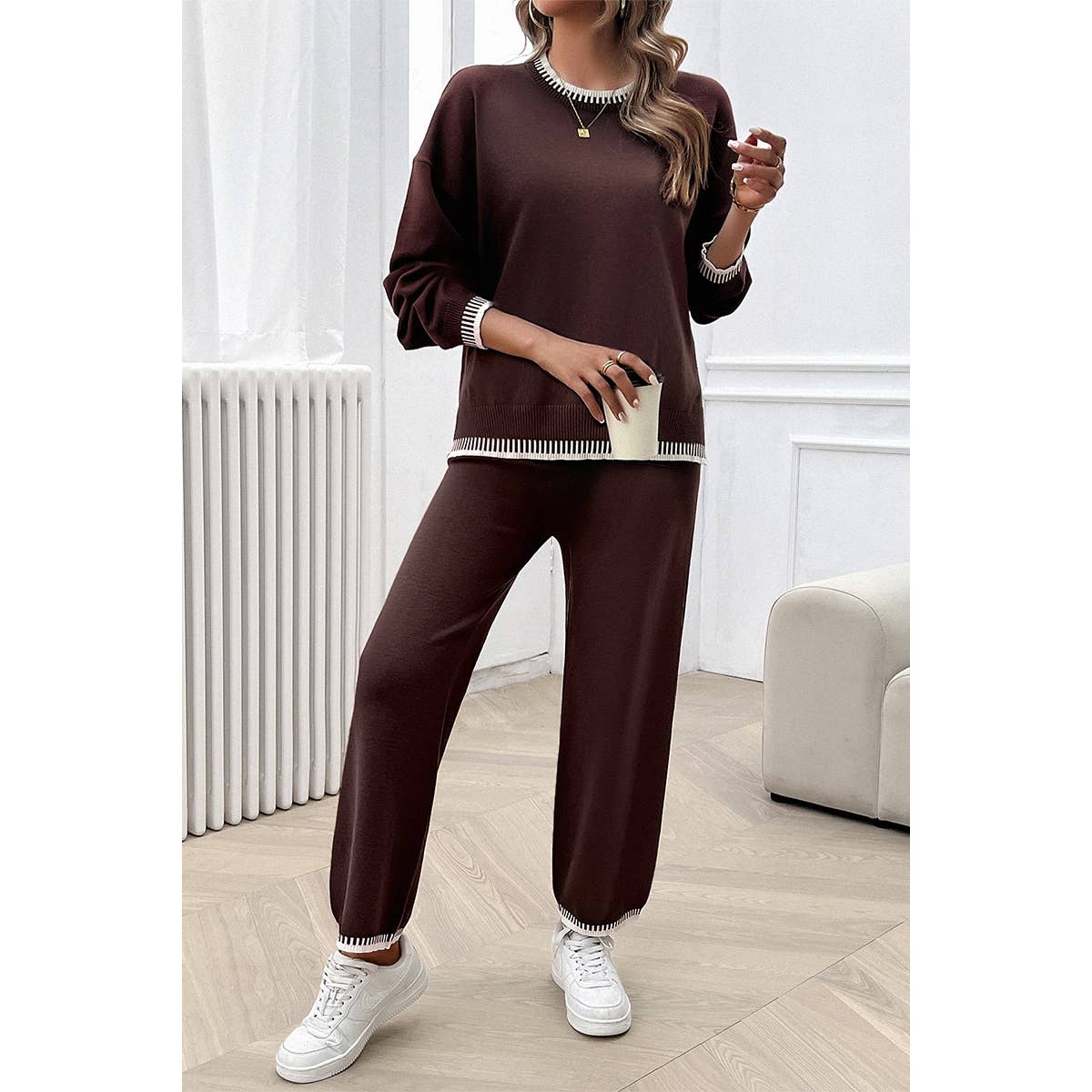 Supreme Fashion - Wholesale Lounge Set - Women's - Colock Block Round Neck Drop Shoulder Loose Set12