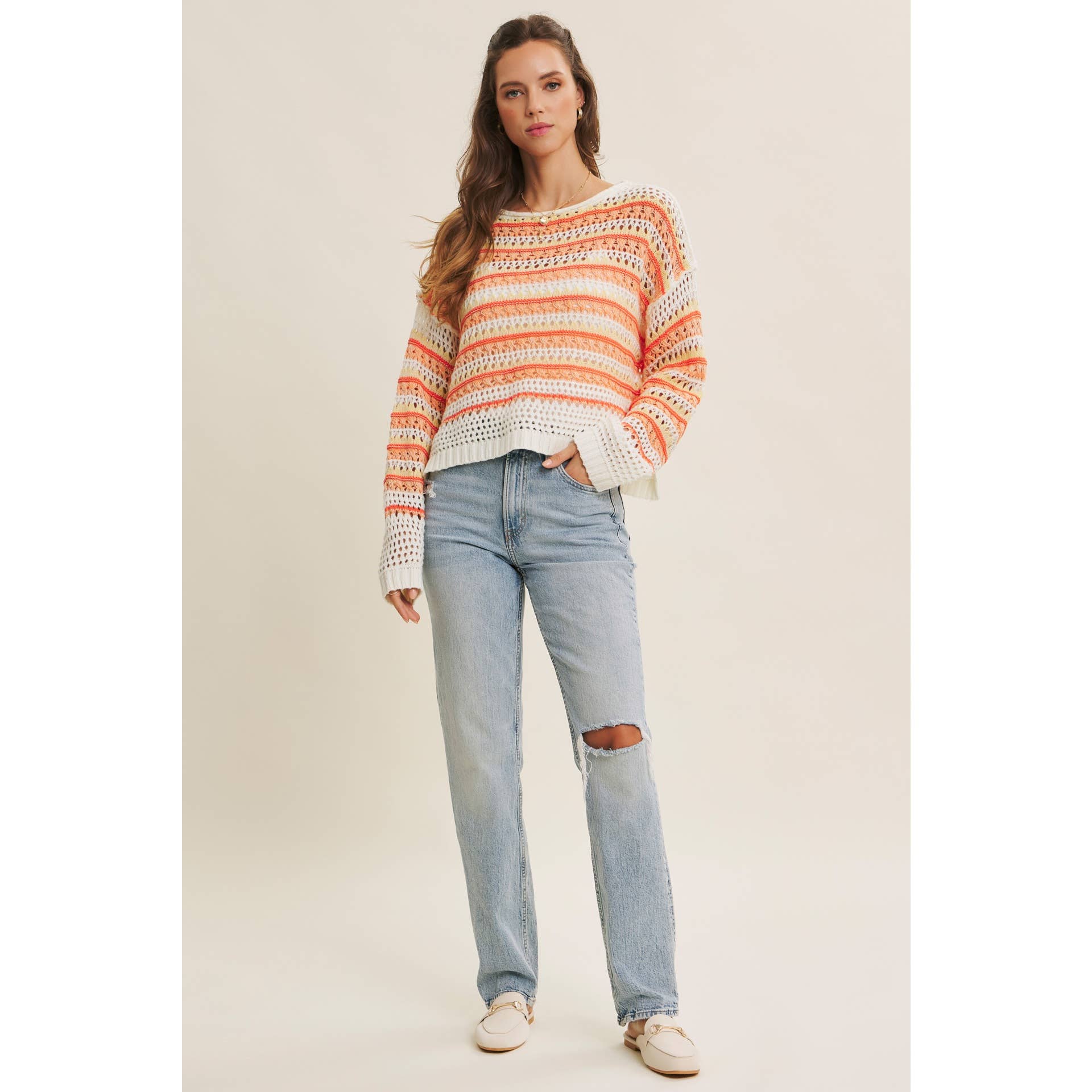 in february - Wholesale Knit Sweater - Women's - BRIGHT VIBRANT MULTI STRIPE LOOSE FIT CROCHET SWEATER TOP6