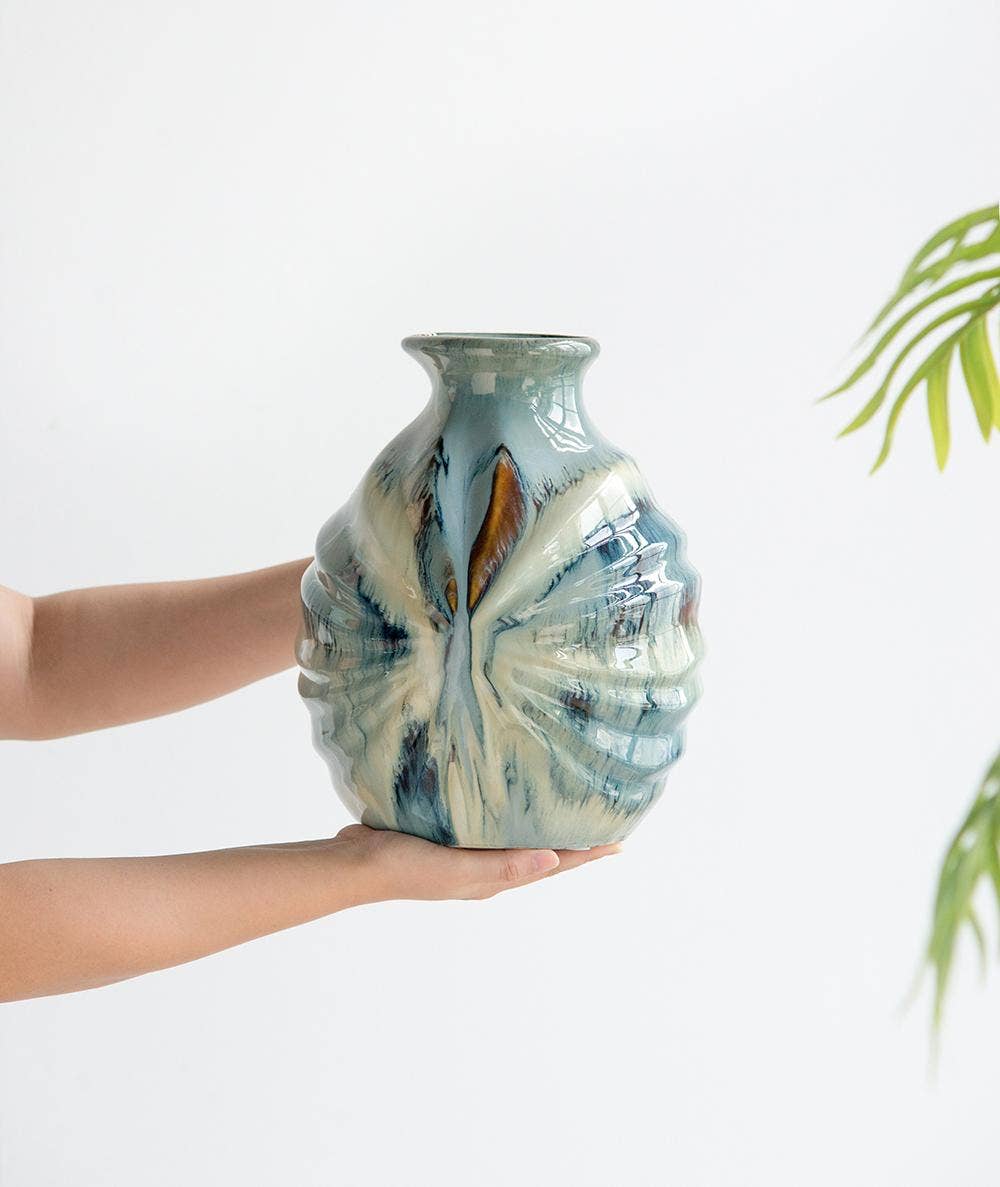 A&B Home Group Inc. - Wholesale Vase - 8.7x8.7x11" Blue and Brown Reactive Glazed Accent Vase