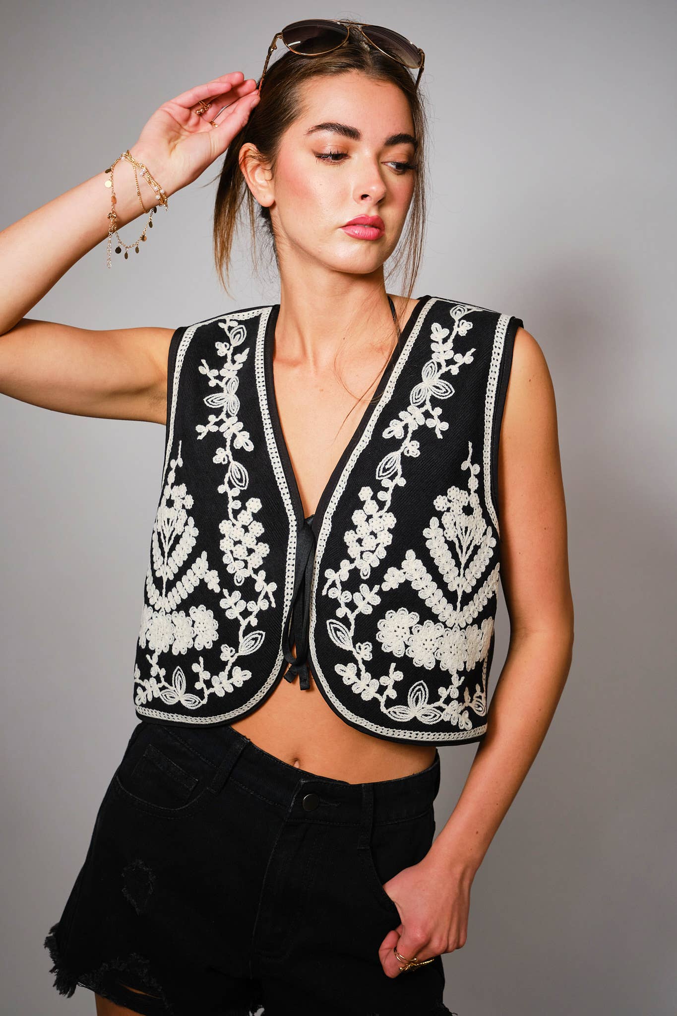 BLACK 33106J - Embroidered Ribbon Tie Crop Vest for wholesale on Faire0
