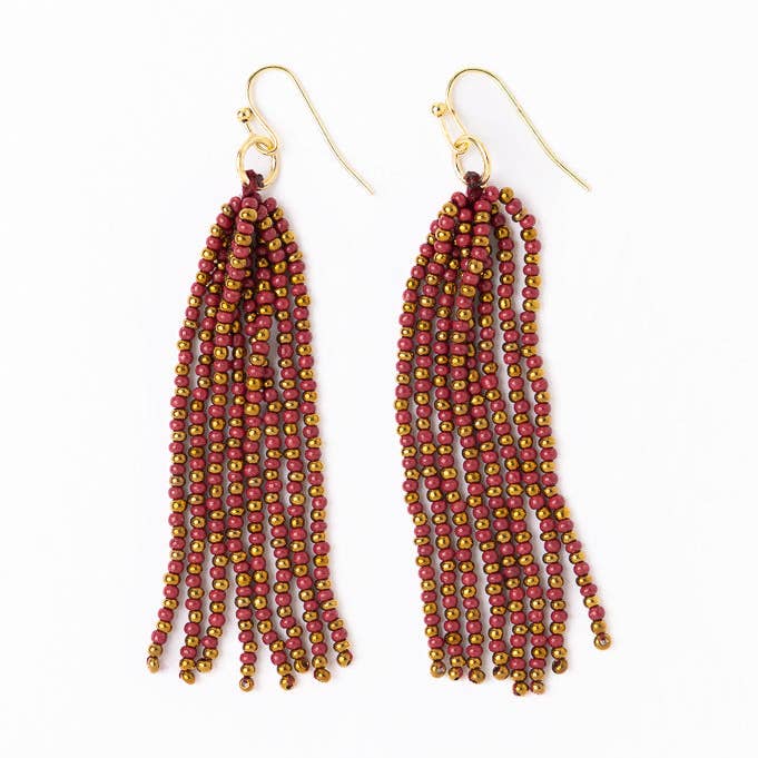 Game Day Tassel Seed Bead Earrings Garnet + Gold Wholesale for wholesale by INK + ALLOY