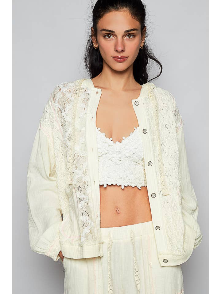 Pol Clothing - Wholesale Jacket - Women's - Balloon Sleeves Lace Solid Knit Hoodie Jacket SALE7