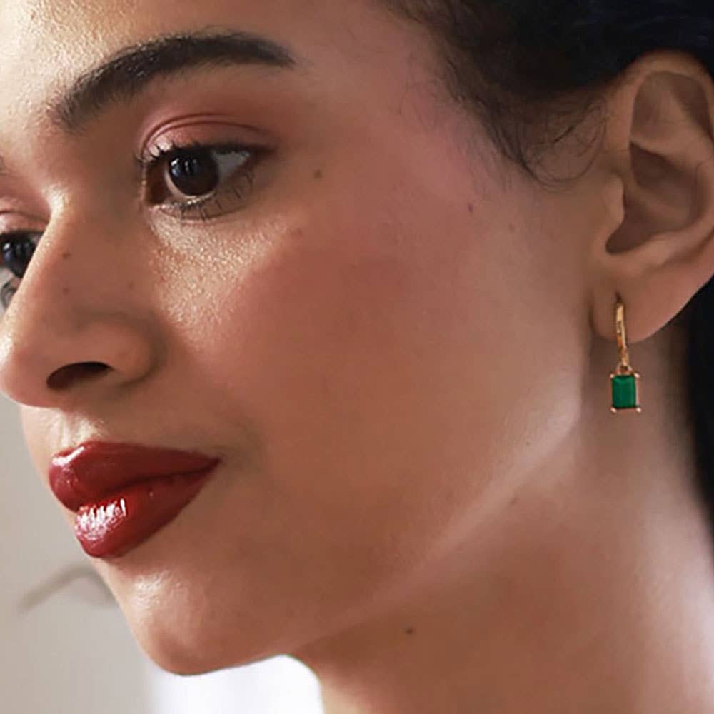 Amano Studio - Wholesale Hoop Earrings - Emerald Green Rectangle Stone Huggie Hoop Earrings3