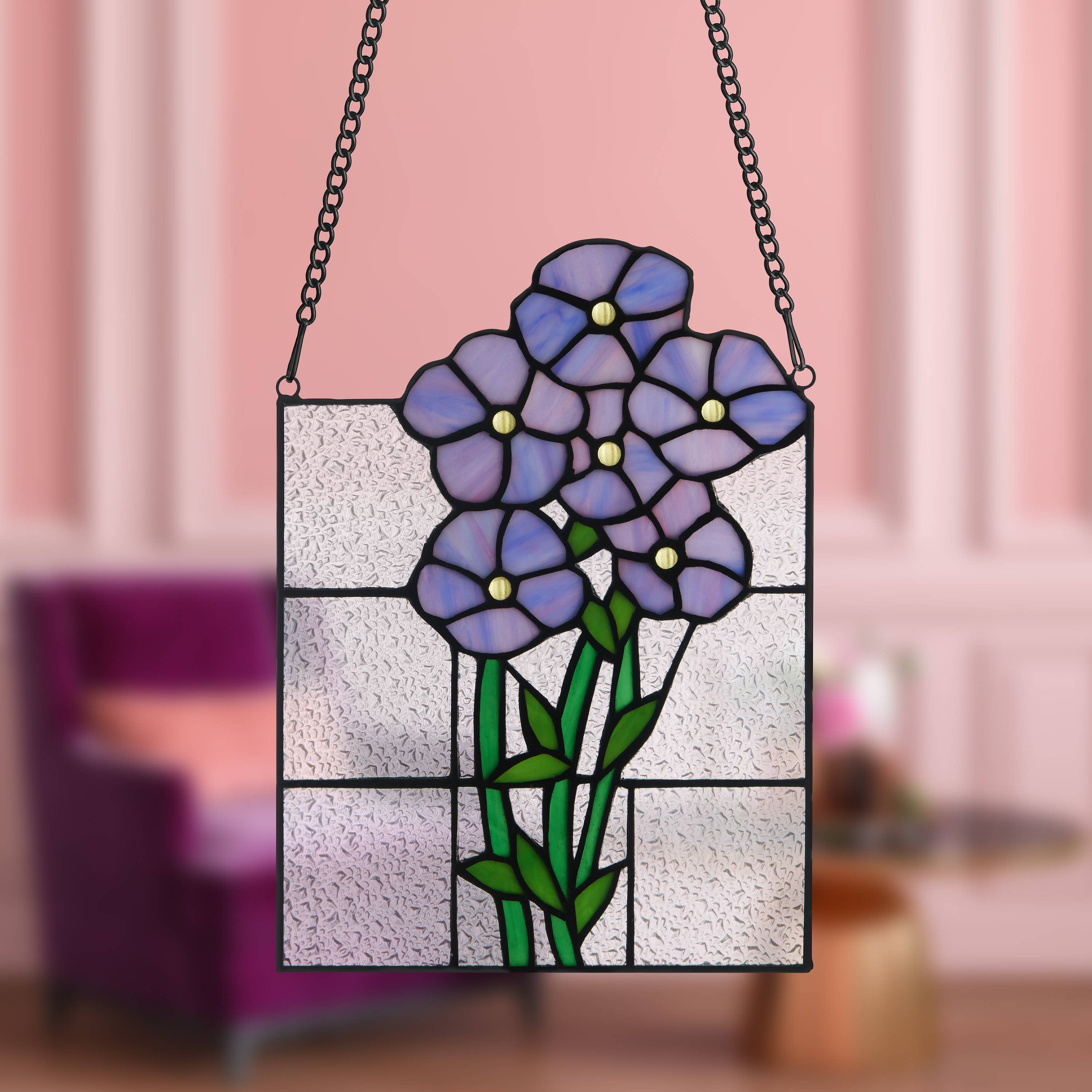 River of Goods - Wholesale Suncatcher - 10"H Forget Me Not Purple Flowers Stained Glass Window Panel5