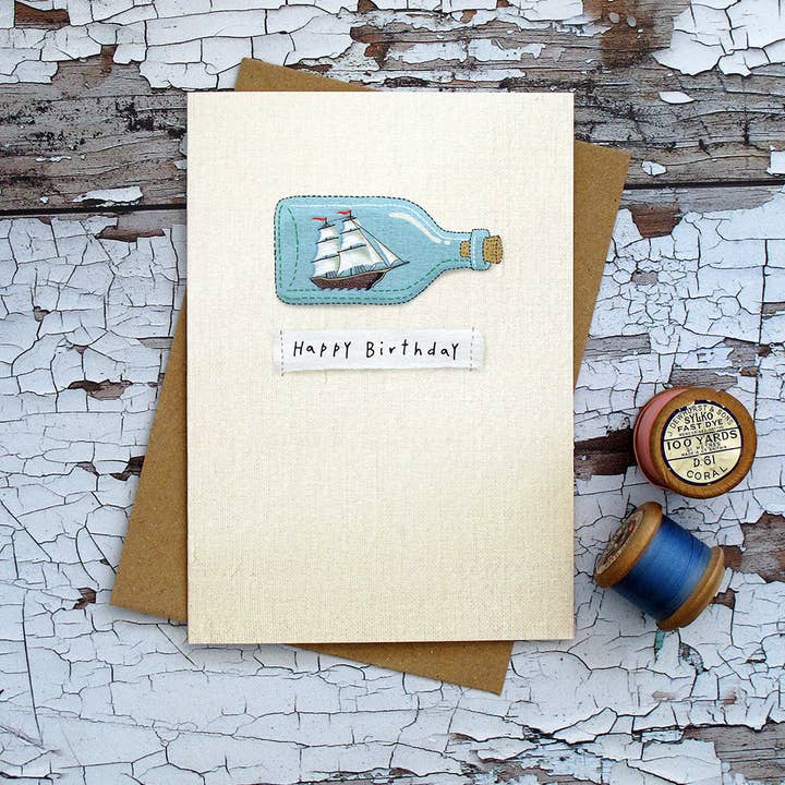 Ship in a bottle Birthday Card for wholesale by Made In Pixieland