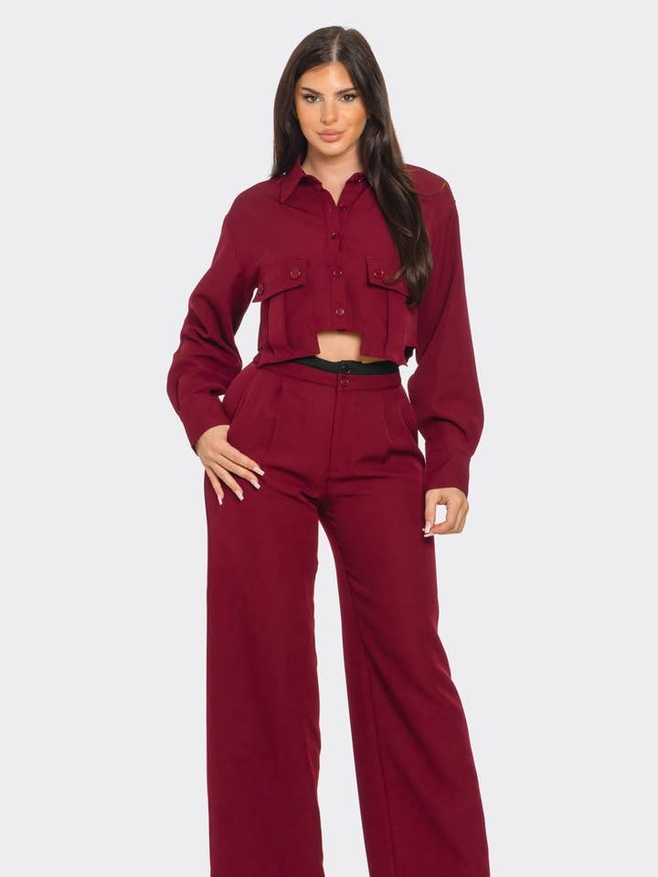 Button Down Oversized Pockets Top And Pants Set for wholesale by New Trend On