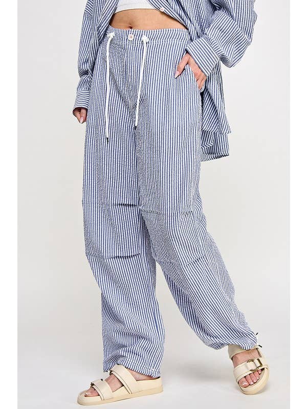 Navy White BLUE STRIPED SEERSUCKER PANTS for wholesale on Faire